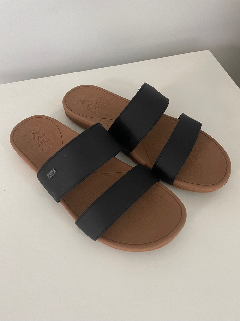 Reef Banded Horizon black two strap slides sandals 9